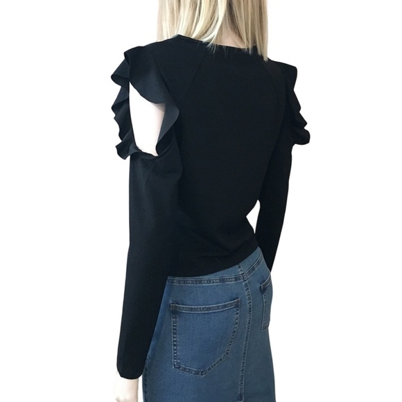 Dynamite Ruffled Cold Shoulder Black Top Blouse Textured Long Sleeve NWOT - Picture 6 of 13